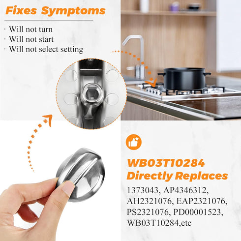 Upgraded WB03T10284 PS2321076 Burner Control Knobs 6 Pack Stainless Steel Finish - Fit for General Electric GE Range/Stove/Oven Knob - Replaces 1373043 AP4346312 AH2321076 EAP2321076