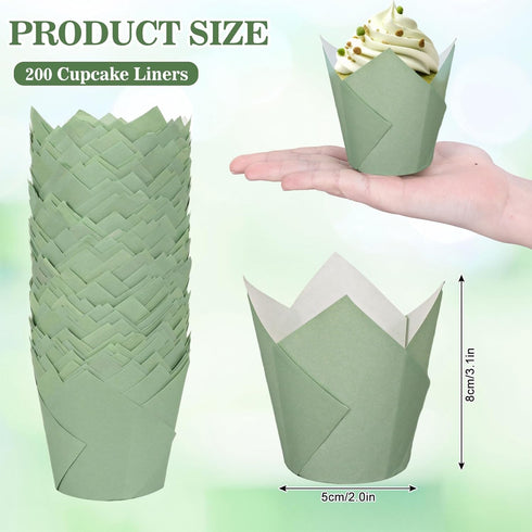 Whaline 200Pcs Sage Green Tulip Cupcake Liners Green Muffin Baking Liners Tulip Cupcake Wrappers Baking Cup for Bridal Baby Shower Wedding Birthda...
