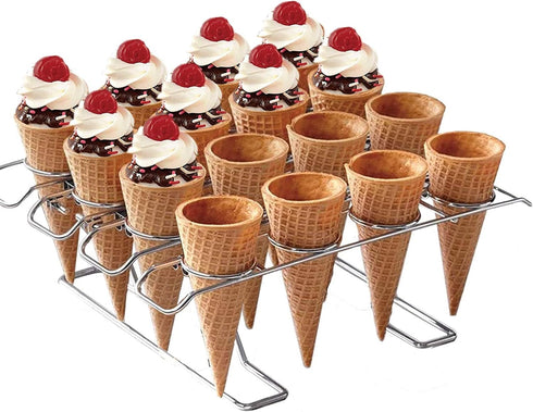 Cupcake Cones Baking Rack, 16-Cavity Stainless Steel Ice Cream Cone Stand Holder Foldable Cake Decorating Pastry Tray Waffle Cones Holder for Baki...