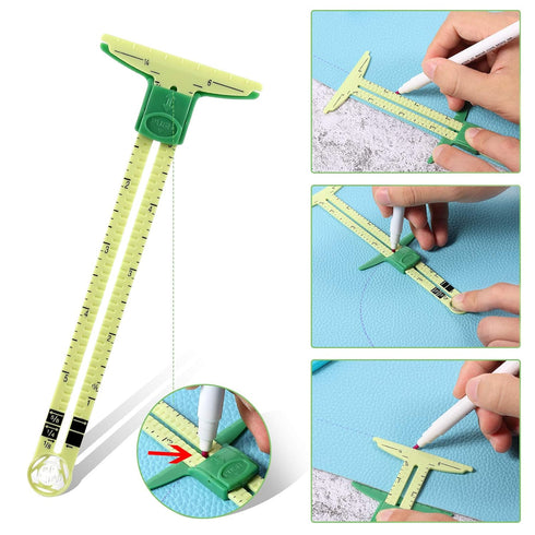3 Pieces Sliding Gauge Measuring Sewing Tool Set Measuring Sewing Gauge 5-in-1 T-Shaped Sliding Gauge Ruler Fabric Quilting Ruler for Beginner Kni...