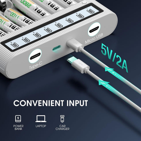 EBL AA AAA Battery Charger, Independent 8 Slots with Advanced Discharge Function, LCD Screen for 1.2V NiMH NiCD Rechargeable Batteries, Micro USB ...