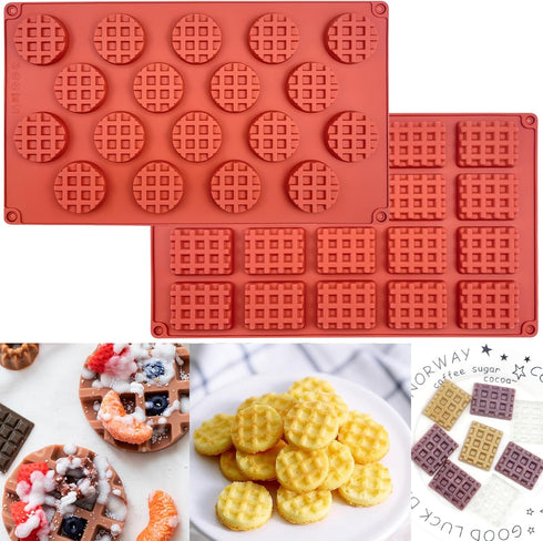 Aswewamt 2 Pcs Rectangle Round Waffle Silicone Mold 18-Cavity 20-Cavity Mini Waffle Cookie Chocolate Candy Fondant Baking Mold for Mini Muffin Des...