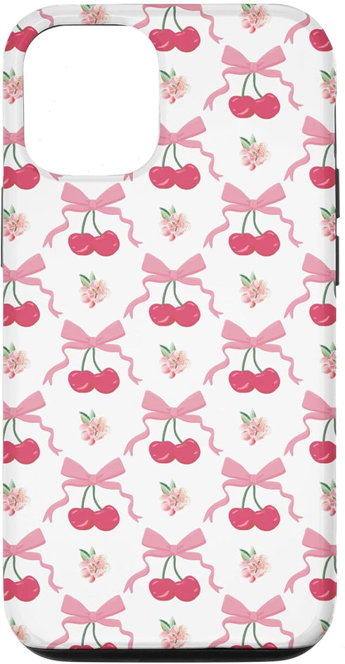 iPhone 13 Coquette Cherry and Bow Pattern with Pink Bows Case...