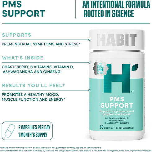 HABIT PMS Support Supplement for Women (60 Capsules) - Supports Premenstrual Symptoms & Stress, Hormone Balance, Mood, B Vitamins, Vitamin D, Chas...