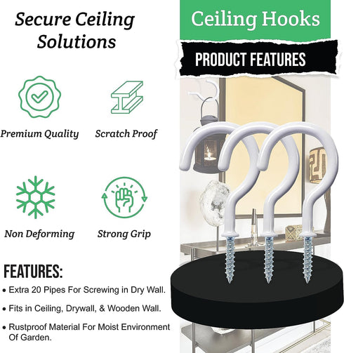 12 Pcs Ceiling Hooks for Hanging Plants - 2.9 inches Plant Hooks Heavy Duty,Hanging Hooks for Cups,Lights and Utensils -White Vinyl Coated Screw i...