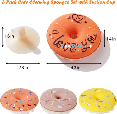 3 Pack Cute Cleaning Sponges Set with Suction Cup, Round Soft Sponge High Efficient Absorbing for Showering, Dishwashing & Cleaning for Household,...