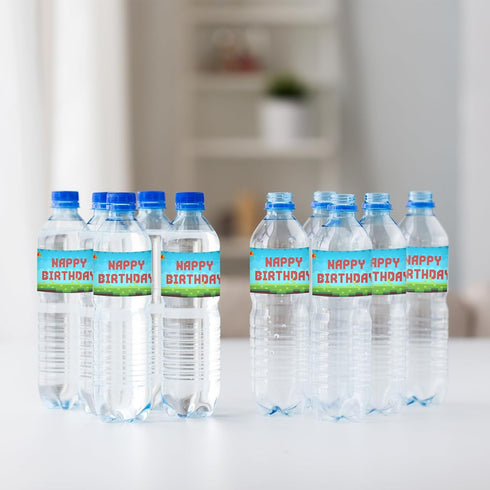 Pixel Miner Birthday Water Bottle Stickers, Block Video Game Water Bottle Label, Boy Girl Birthday Party Decorations, Mining Theme Children Birthd...