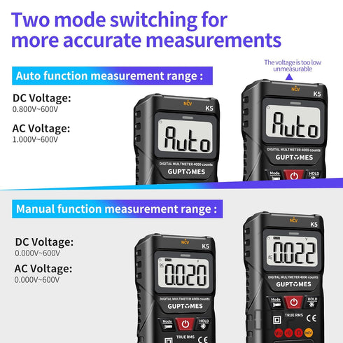 Digital Multimeter, Intelligent Voltage Tester with Automatic & Manual Mode, 4000 Counts Voltmeter Measures AC/DC Voltage, Resistance, Continuity ...