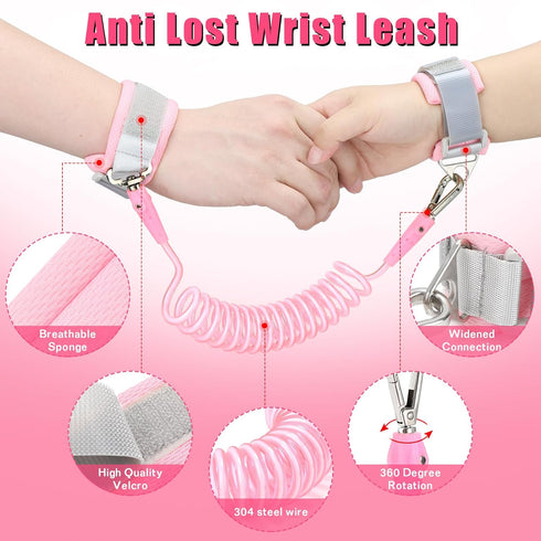 Toddlers Leash + Anti Lost Wrist Link Child Kids Safety Harness Kids Walking Wristband Assistant Strap Belt for Girl Pink Christmas Gift...