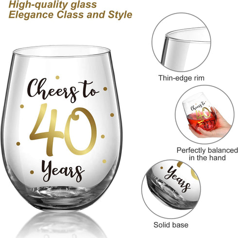 Patelai 40th Birthday Wine Glass to 40 Years 40th Birthday Gifts Fabulous Gold Stemless Wine Glass for Women and Men Present Party Wedding Anniver...