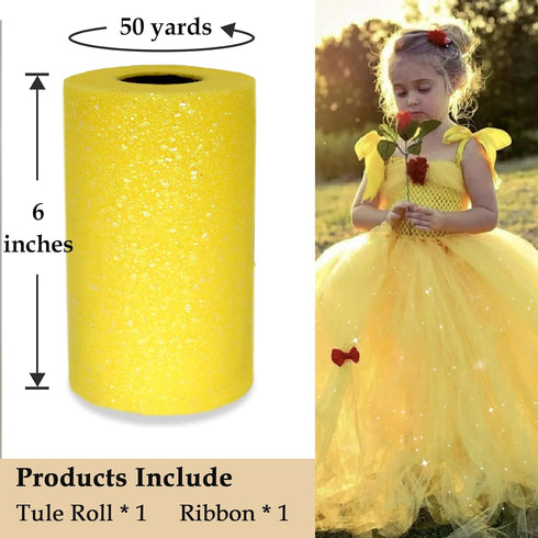Glitter Tulle Fabric, 6 Inch by 50 Yards (150ft) Sequin Tulle Roll for Tutu Gift Wrapping Wedding Decoration DIY Crafts Party Backdrop (Yellow)...