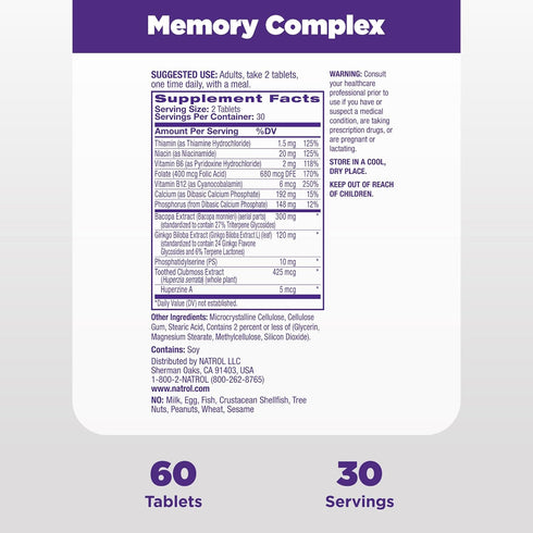 Natrol Memory Complex With Ginkgo Biloba 120mg and B Vitamins, Dietary Supplement for Brain Health and Memory Support, 60 Tablets, 30 Day Supply...