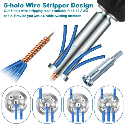 Wire Twister Tool for Drill, 3 Way/ 5 Way Wire Stripper and Electrical Wire Twister Tool for Power Drill, Quick Stripping Tool Set for 6-10 AWG Ca...