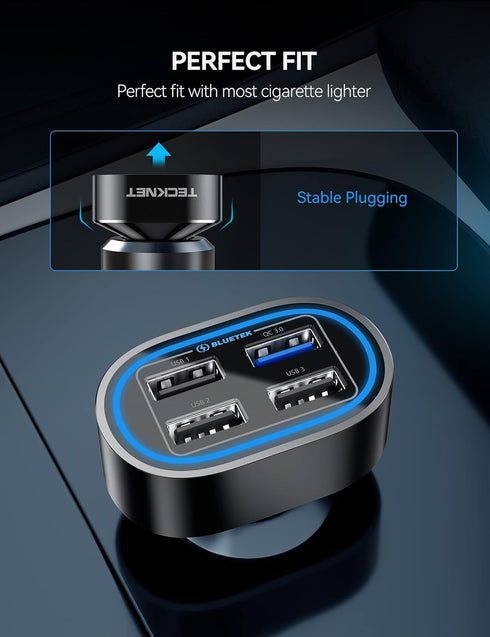 TECKNET USB Car Charger 54W 4-Port Car Phone Charger Adapter QC 3.0 Port Cigarette Lighter Charger Fast Charging Adapter Compatible with iPhone 15...