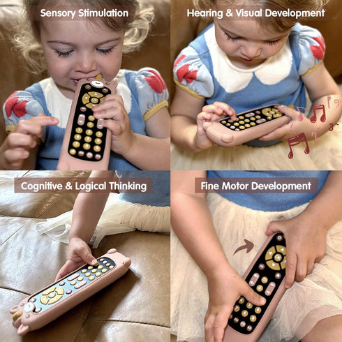 Nueplay Baby TV Remote Control Toy with Silicone Teether Cover, Toddler Realistic Controller, Early Number Learning in 3 Languages (English, Spani...