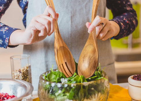 Salad Servers, Wood Salad Tongs, 10.2in Salad Spoon and Fork Set, Long Handle Salad Server Set for Mixing, Tossing and Cooking (Salad Spoon and Fo...