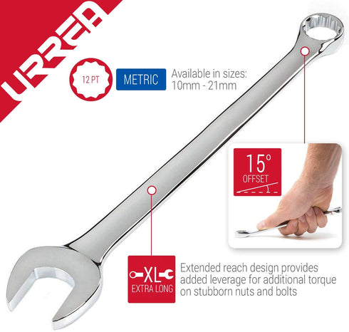 URREA 12-Point Combination Wrench - 10mm Extra Long Mechanics Tool with Extended Reach & Nickel-Chrome Finish - 1210ML...