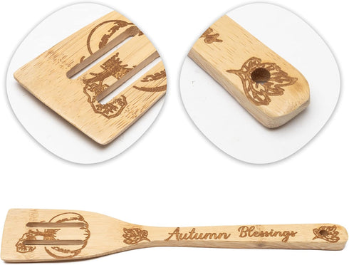 5Pcs Autumn Theme Wooden Spoons Utensils Set, Fall Pumpkin Cooking Utensils Non-Stick Spatula Carve Burned Bamboo Spoons Kitchen Cookware Gadget K...