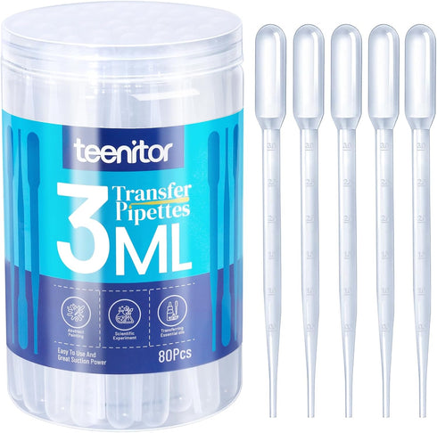 Teenitor 80PCS 3ML Pipette Dropper, Eye Dropper, Disposable Plastic Eye Droppers for Crafts, Droppers for Oils Transfer Pipettes for Essential Oil...