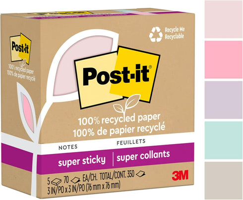 Post-it 100% Recycled Paper Super Sticky Notes, 2X The Sticking Power, 3x3 in, 5 Pads, 70 Sheets/Pad, Wanderlust Pastels Collection (654R-5SSNRP)...