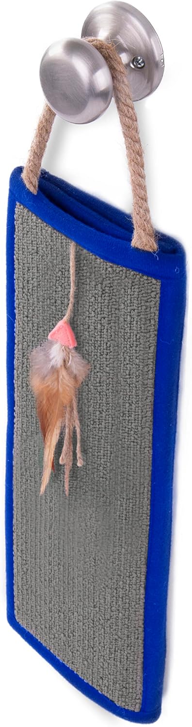 SmartyKat Clever Claws Carpet & Burlap Hanging Cat Scratch Mat - Brown/Gray with Blue Trim, One Size...