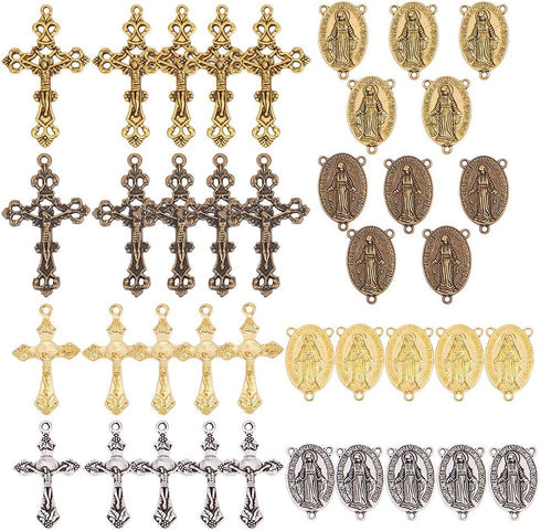 SUNNYCLUE Tibetan Style Rosary Cross Charms and Center Miraculous Medal Easter Vintage Cross Crucifix Pendants Oval Chandelier Links Bronze Connec...