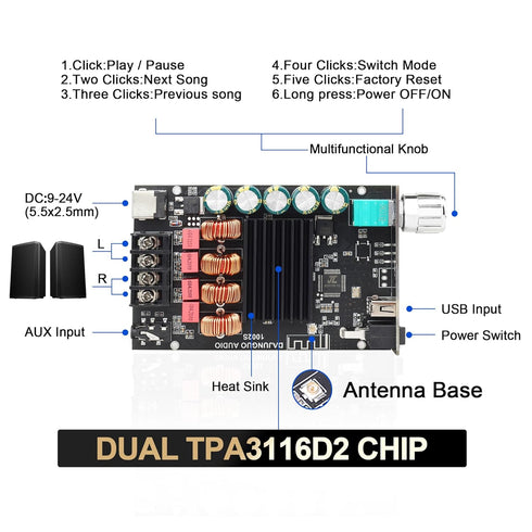 DAJUNGUO 1002S 2.0 Bluetooth Amplifier Board with Dual TPA3116D2 Chips, 100W+100W Power Output, Wide Voltage Range of 9-24V DC, Bluetooth/USB/3.5m...