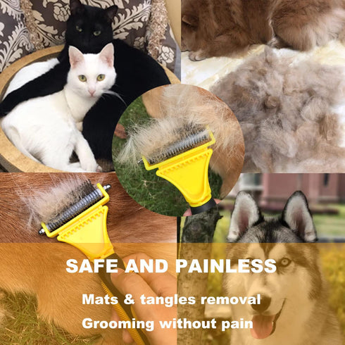 Pet Dematting Comb - 2 Sided Undercoat Rake for Cats & Dogs - Safe Grooming Tool for Easy Mats & Tangles Removing - Medium and Long Haired Cats Do...