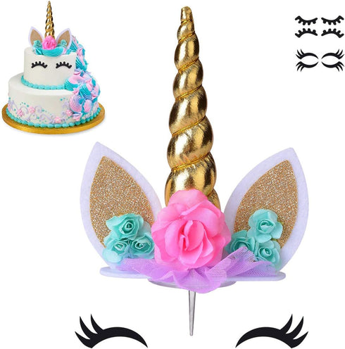 Unicorn Cake Topper,Handmade Party Cake Decoration Supplies with Eyelashes and stack,Reuasble Gold Horn for Birthday Party,Baby Shower, Wedding...