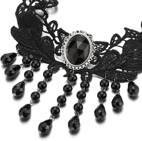 COOLSTEELANDBEYOND Gothic Victorian Nostalgic Black Lace Choker Necklace with Dangling Black Bead Charms Link Chain...