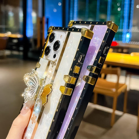 Luxury Square Compatible with iPhone 13 Pro Max 6.7 Inch Case, Cute Bling Pearl Butterfly Diamond Kickstand Cover, Glitter Silicone Shockproof Pro...