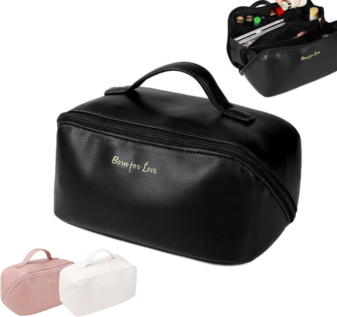 HLC Large Capacity Travel Cosmetic Bag Portable Makeup Bag, PU Leather Waterproof Women Travel Make up Bag Organizer with Handle and Divider Cosme...