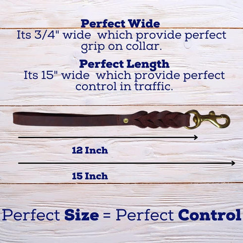 Leather Short Dog Leash 15 Inch - Short Dog Traffic Lead for Large Dogs Training and Walking - Braided Leather Dog Tab for Large Dogs - Full Grain...