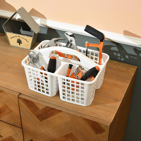 ALINK Plastic Shower Caddy Basket with Compartments, Portable Divided Cleaning Supply Storage Organizer with Handle for College Dorm Bathroom - Wh...