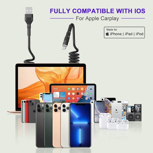 Coiled Lightning Cable Apple Carplay Compatible & MFi Certified, Short USB to Lightning Cable with Data Transmission and LED, Retractable iPhone C...