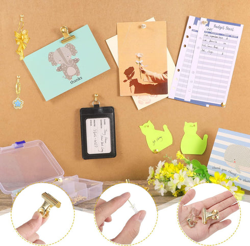 310 Pcs Gold Push Pins Set, Gold Thumb Tacks Decorative Push Pins for Cork Board with Push Pin Hook Pushpin Clip 5 Style Gold Office Accessories f...
