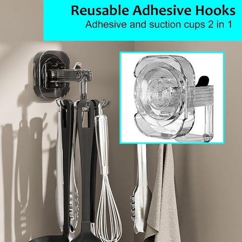 Reusable Utensil Hooks with 6 Hooks; 2 Pack Utensil Rack Self Adhesive & Suction Cup Hook 360° Rotating Under Cabinet Key Hook Kitchen Utensil Hol...