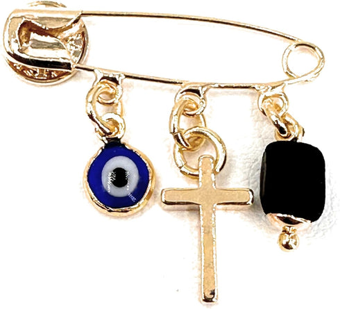 LESLIE BOULES Gold Plated Saint Benedict Baby Brooch Jeweled Safety Pin Genuine Azabache and Evil Eye Pendant Protection Jewelry...