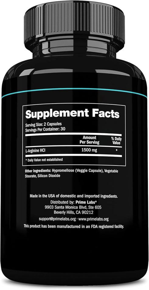 Prime Labs L Arginine Nitric Oxide - with L-Arginine 1500mg - Supports Blood Flow, Energy, Strength, Endurance - 60 Capsules...