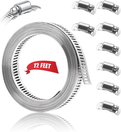 DIY Hose Clamps 12FT 304 Stainless Steel Metal Strap + 8PCS Stronger Fasteners Assortment Kit Large Adjustable Pipe Clamps Band Clamp for Pipe Aut...
