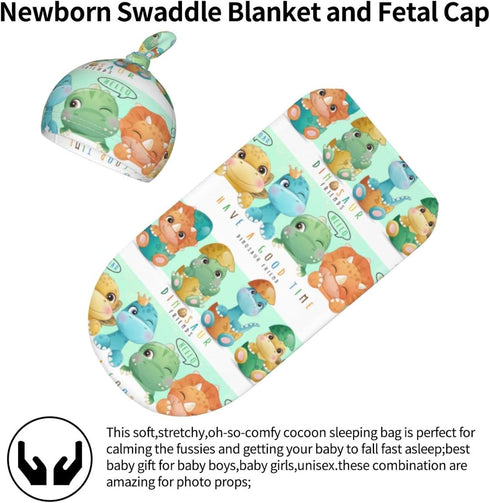 Cartoon Dinosaur Friends Baby Stuff Newborn Swaddle and Hat Set Stretchy Soft Cute Dino Baby Receiving Blanket Gifts for Infant Baby Boy Girl...