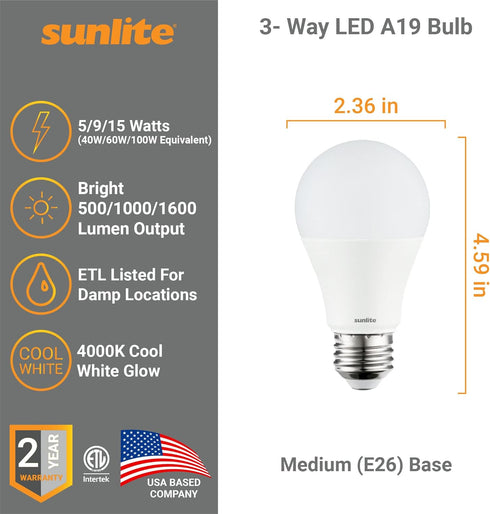 Sunlite 70324 3-Way LED A19 Light Bulb, 5/9/15 Watts (40W 60W 100W Equivalent), 500-1000-1600 Lumens, Medium E26 Base, Omni-Directional, ETL Liste...