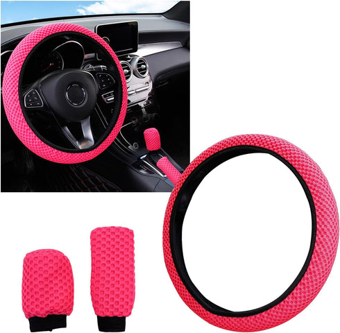 3 PCS Car Gear Shift Knob Cover & Handbrake Cover & Steering Wheel Cover, Anti-Slip Breathable Comfortable Handbrake Gear Shift and Steering Wheel...