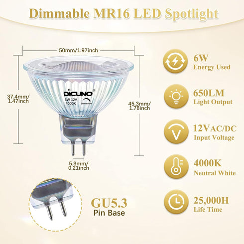 DiCUNO MR16 LED Bulb Dimmable, 60W Equivalent, 4000K Natural White, GU5.3 Base Bulb 6W, 40 Degree Beam Angle, 650LM, 12V AC/DC, Landscape Light Bu...