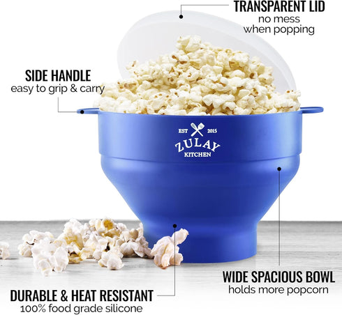 Zulay Kitchen Large Microwave Popcorn Maker - BPA-Free Silicone Popcorn Popper - Microwave Collapsible Bowl With Lid - Family Size Microwave Popco...