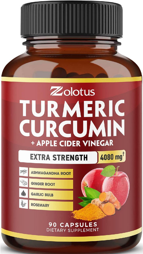 7 in 1 Turmeric Curcumin + Apple Cider Vinegar Capsules, Equivalent to 4080mg, 3 Month Supply with Ashwagandha, Ginger, Garlic Bulb, 95% Standardi...