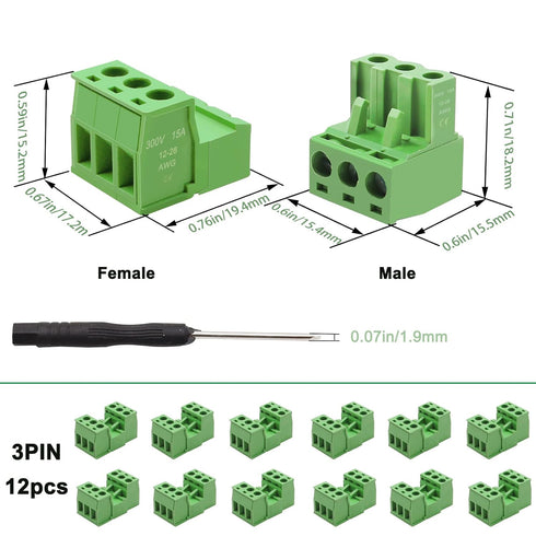 Tnisesm 12Pcs 3 Pin Screw Terminal Block Connector 5.08mm Pitch Pluggable with 3 Pin Phoenix Plug 300V 15A for 28-12AWG Cable...