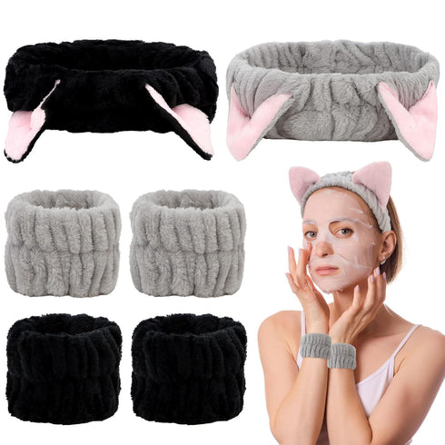 6 Pcs Spa Headband Face Wash Headband and Wristband Set, Cute Make Up Cat Ears Headband Plush Animal Makeup Skincare Headbands with Face Washing W...