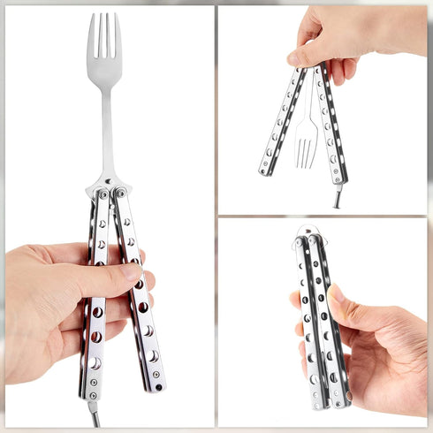 2 Pcs Butterfly Fork and Spoon Set, Tactical Butterfly Spoon Folding Stainless Steel Butterfly Fork for Travel Camping Hunting BBQ Kitchen(Silver)...