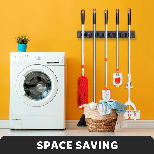 IMILLET Broom Holder Wall Mount, Wood Broom Holder with 5 Racks and 4 Hooks Broom Organizer, Laundry Room Organization and Storage, Mop Hanger for...